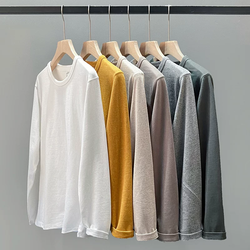 Áo thun nam chất liệu cotton dày dặn 320g kiểu Mỹ, tay dài, dáng rộng, dày, màu trơn, cổ tròn, áo thun cotton nguyên chất, áo sweatshirt cho mùa thu.