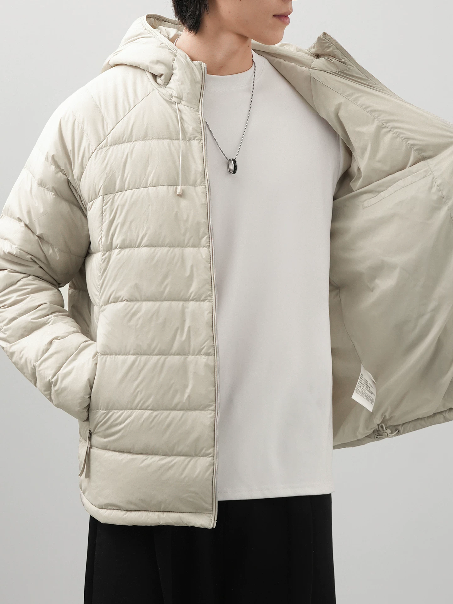 Áo khoác có gân lông vũ màu trắng OMZM90 dành cho nam, áo khoác cotton có mũ trùm đầu mùa đông nhẹ và ấm áp, áo khoác cotton kiểu dáng rộng dành cho cặp đôi.