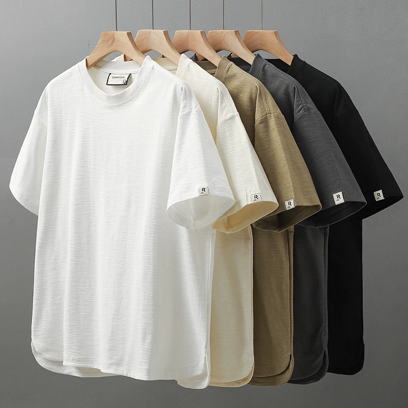 Áo thun nam tay ngắn chất liệu cotton slub dày dặn 340g kiểu Mỹ OMZM, mùa hè cao cấp, thoáng khí, màu trắng tinh khiết, chất liệu cotton nguyên chất