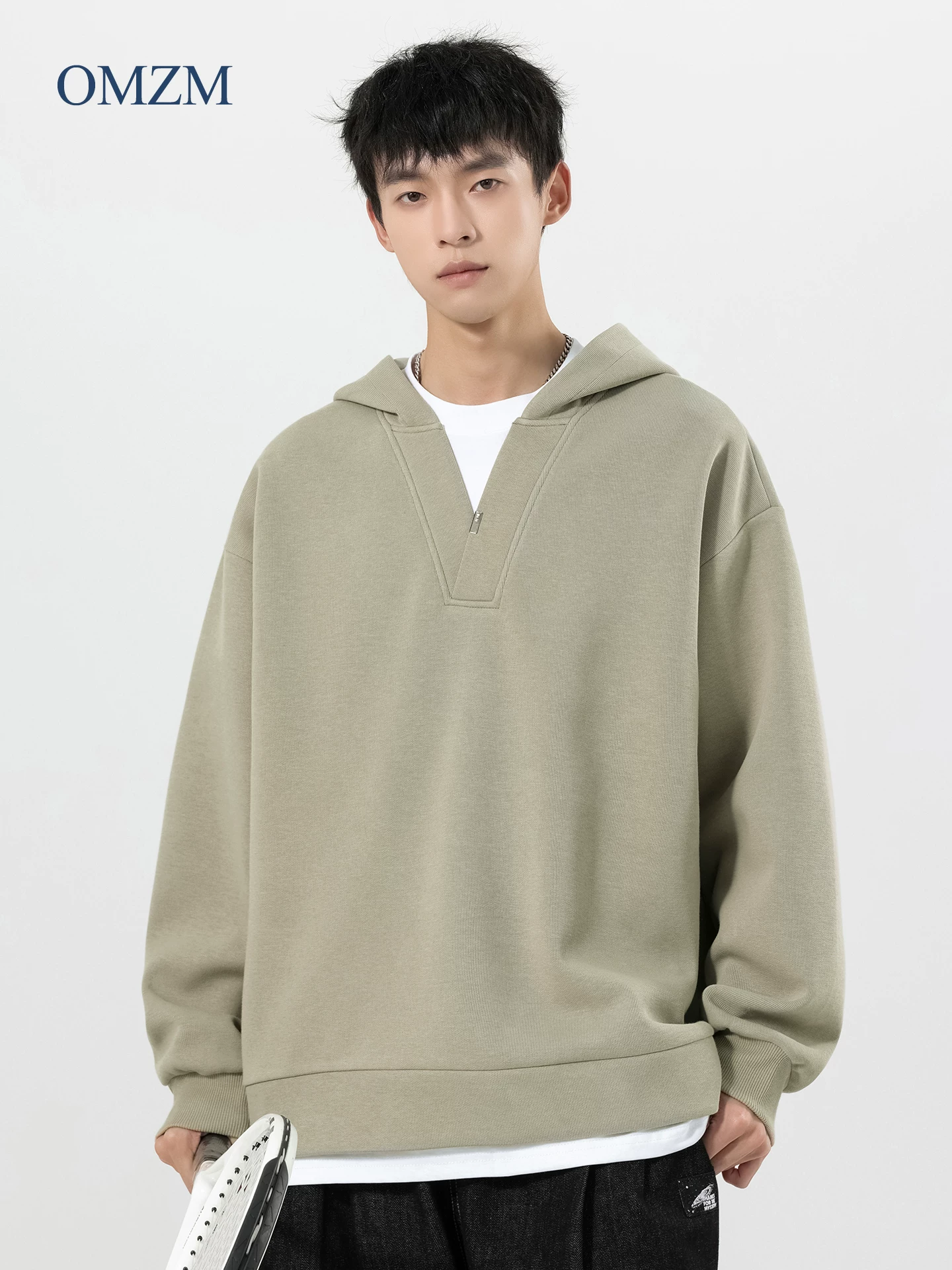 Áo hoodie giả hai mảnh OMZM dành cho nam, áo hoodie hạng nặng 320G mùa thu đông, áo khoác cổ chữ V dáng rộng cao cấp