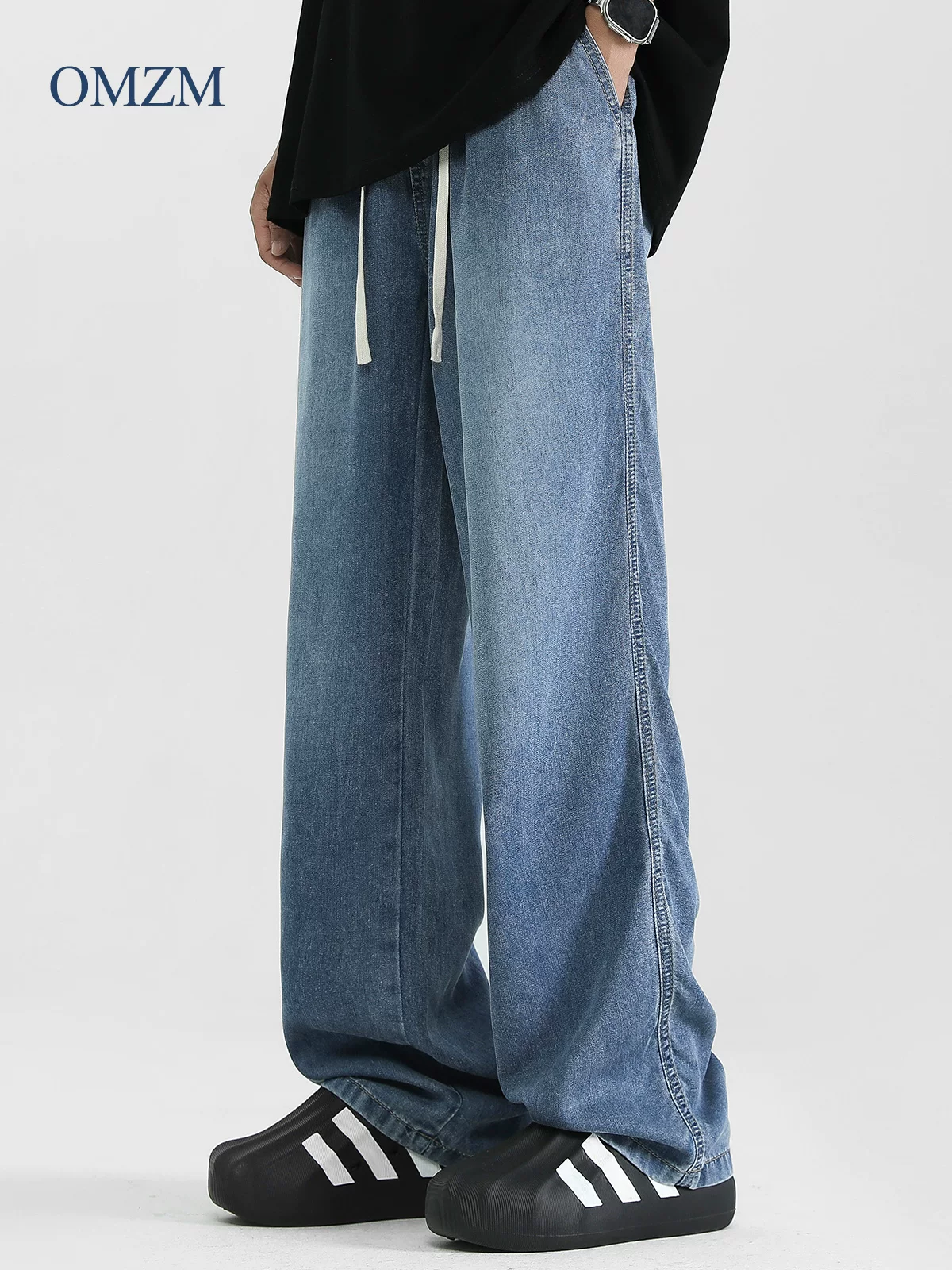 Quần jean ống loe OMZM Lyocell Tencel dành cho nam, quần ống rộng mỏng bằng lụa băng mùa hè, quần ống thẳng kiểu đường phố Mỹ