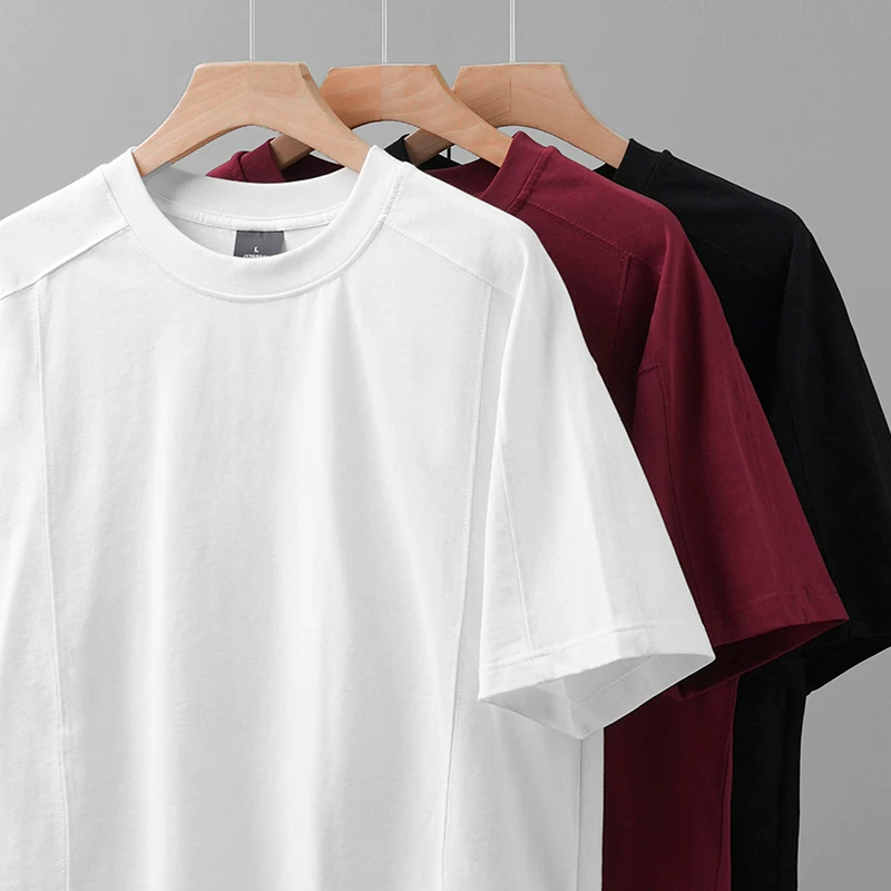 Áo thun nam tay ngắn bằng cotton nguyên chất hạng nặng OMZM300G, áo thun chắp vá theo phong cách Mỹ mùa hè với thiết kế thể thao và tay áo ngắn.