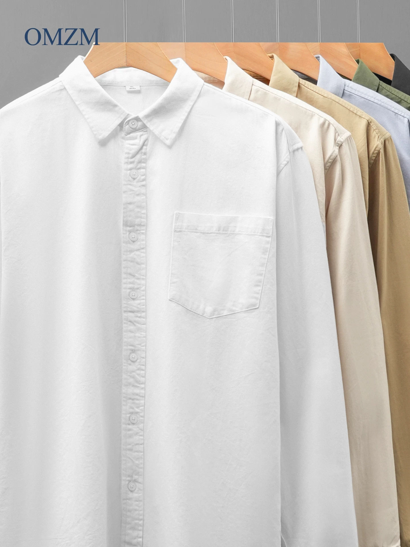 OMZM Áo sơ mi dài tay hạng nặng kiểu Mỹ dành cho nam, áo khoác có túi thông thường bằng cotton nguyên chất kiểu Nhật mùa thu, áo sơ mi trắng cao cấp