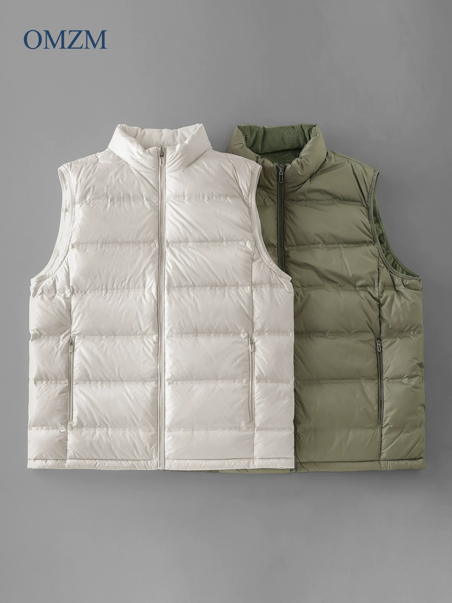 Áo vest lông vịt trắng OMZM90 dành cho nam, áo vest ngắn có gân ấm áp mùa đông, áo khoác không tay dày dặn.