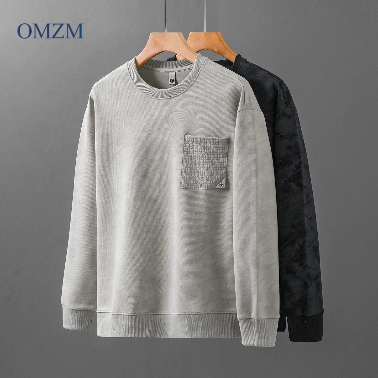 Áo len bỏ túi hạng nặng OMZM310G dành cho nam, áo sơ mi dài tay cổ tròn nhuộm màu phong cách Mỹ mùa thu, áo sơ mi màu trơn bên trong rộng rãi