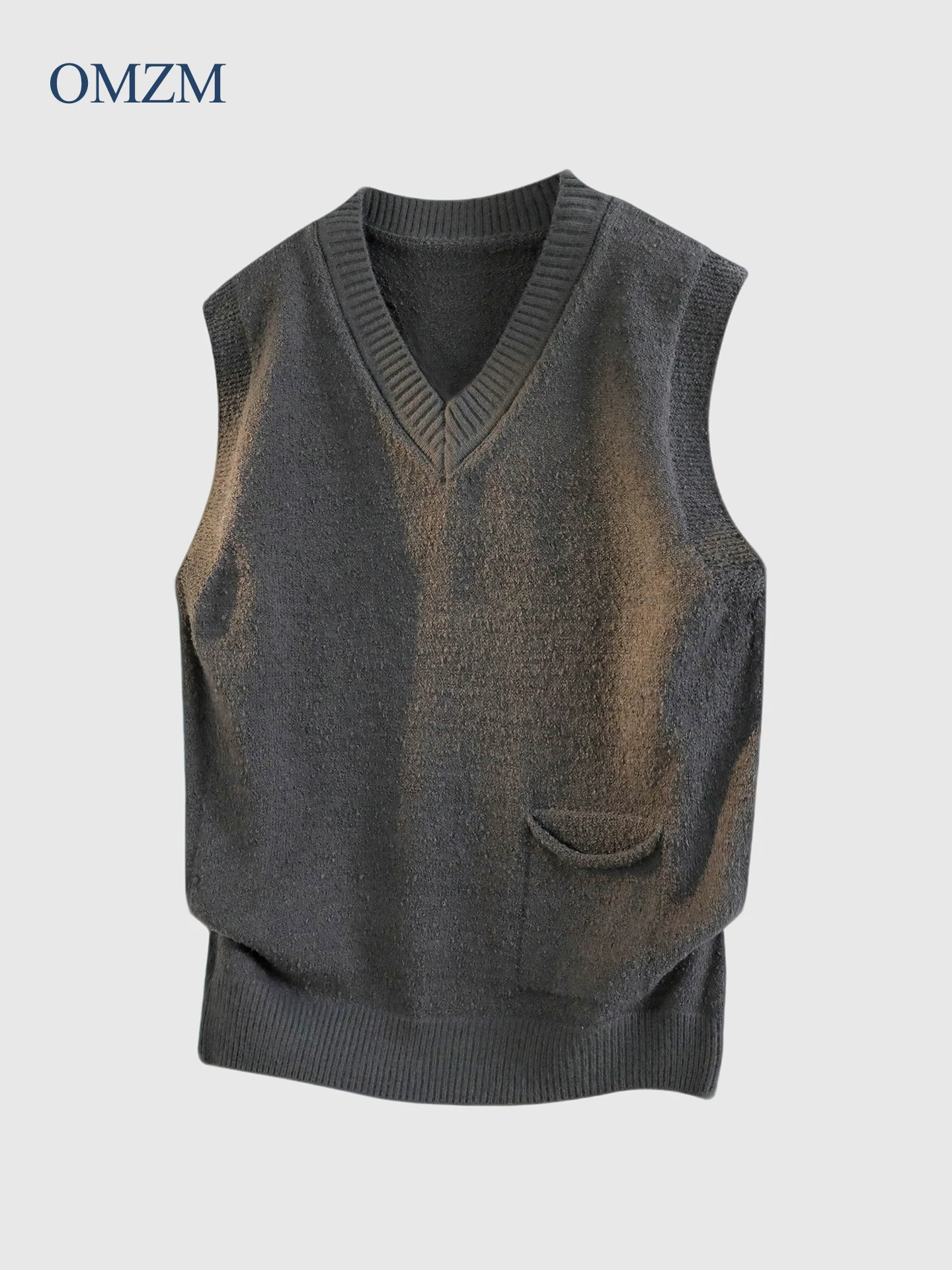 Áo vest dệt kim có cổ OMZMV dành cho nam, áo vest ấm áp dáng rộng phong cách đại học mùa đông, áo len không tay màu trơn cổ điển kiểu Mỹ