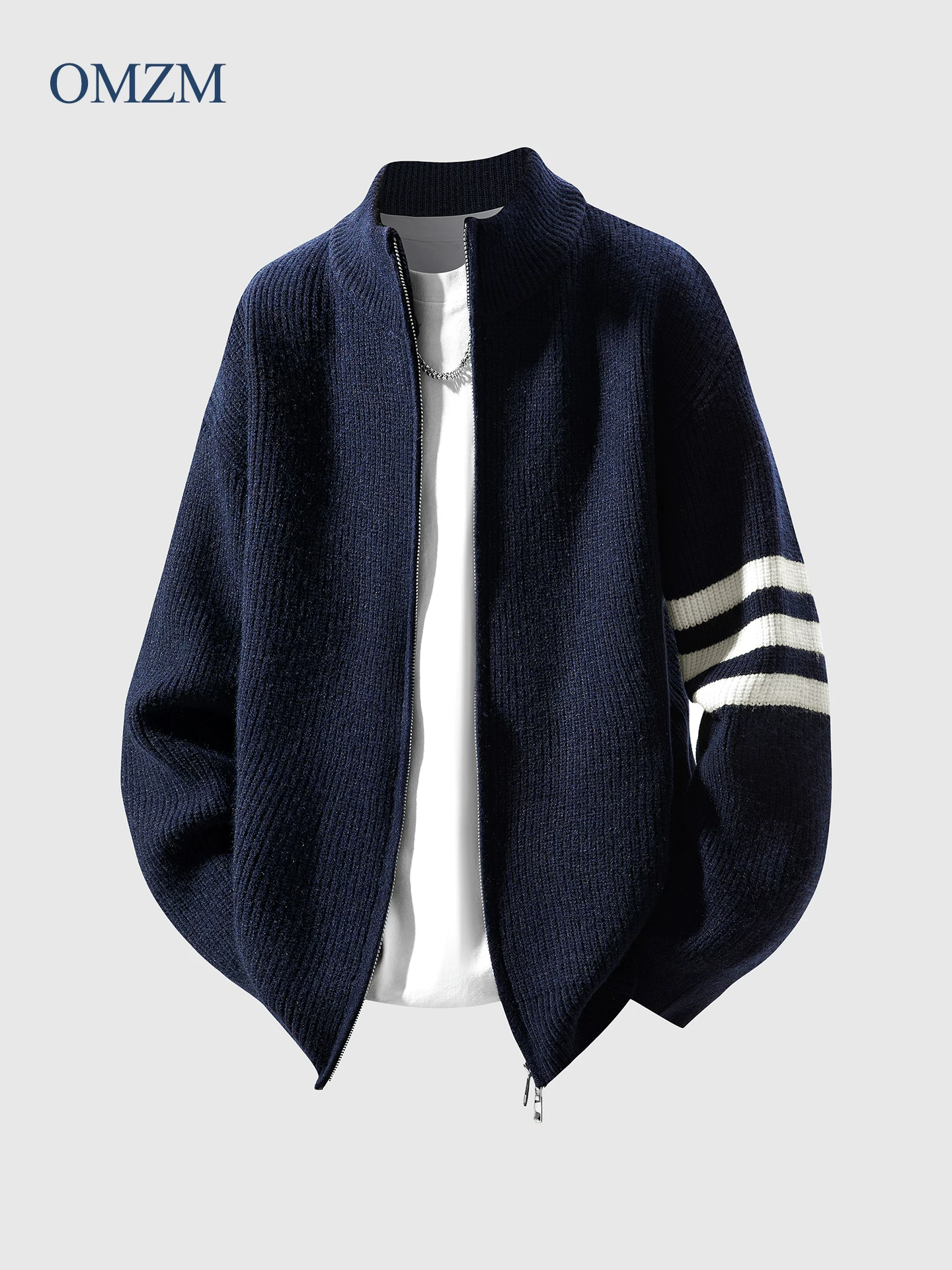 Áo len dệt kim cổ cao nửa cổ OMZM dành cho nam, áo len dáng rộng có khóa kéo hợp thời trang mùa đông, áo khoác len tay sọc cổ điển