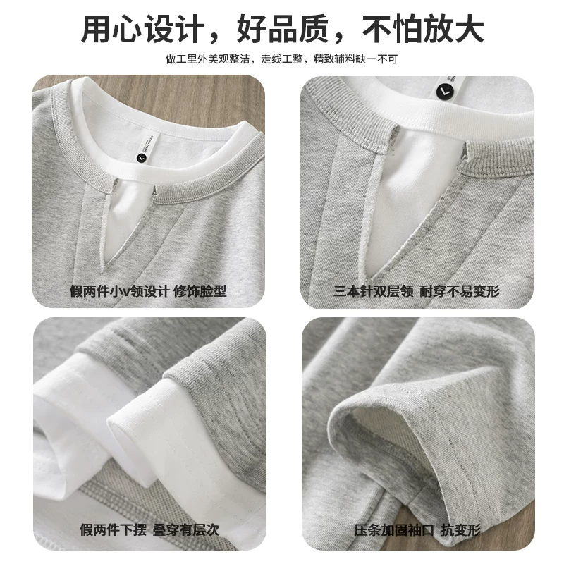 Áo thun nam tay dài giả hai lớp 320G, chất liệu dày dặn, kiểu dáng cổ V, áo lót trơn, phối màu, thích hợp mặc lớp ngoài mùa xuân thu.