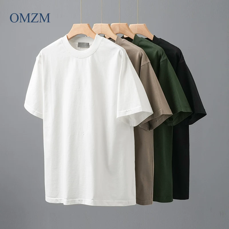 Áo thun ngắn tay bằng cotton nguyên chất hạng nặng OMZM320G dành cho nam, mùa hè kiểu Mỹ cổ điển in chữ cổ tròn áo sơ mi nửa tay