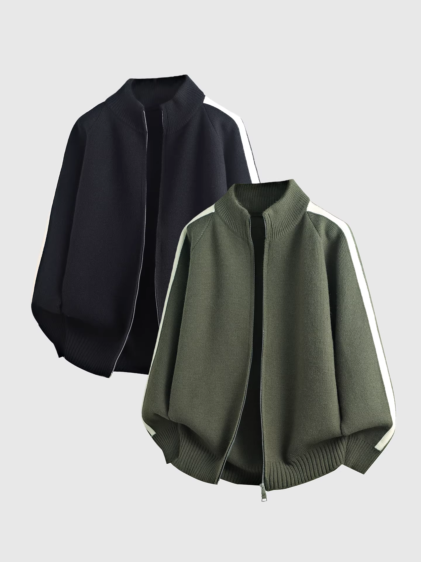 Áo len cardigan nam OMZM930G, kiểu dáng Mỹ mùa đông, phối màu sọc dày, cổ đứng, khóa kéo, chất liệu dệt kim