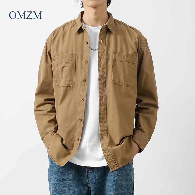 OMZM Áo sơ mi dài tay công sở hạng nặng 340G phong cách Mỹ dành cho nam, áo sơ mi có túi cổ điển mùa thu mới áo khoác thường ngày hợp thời trang
