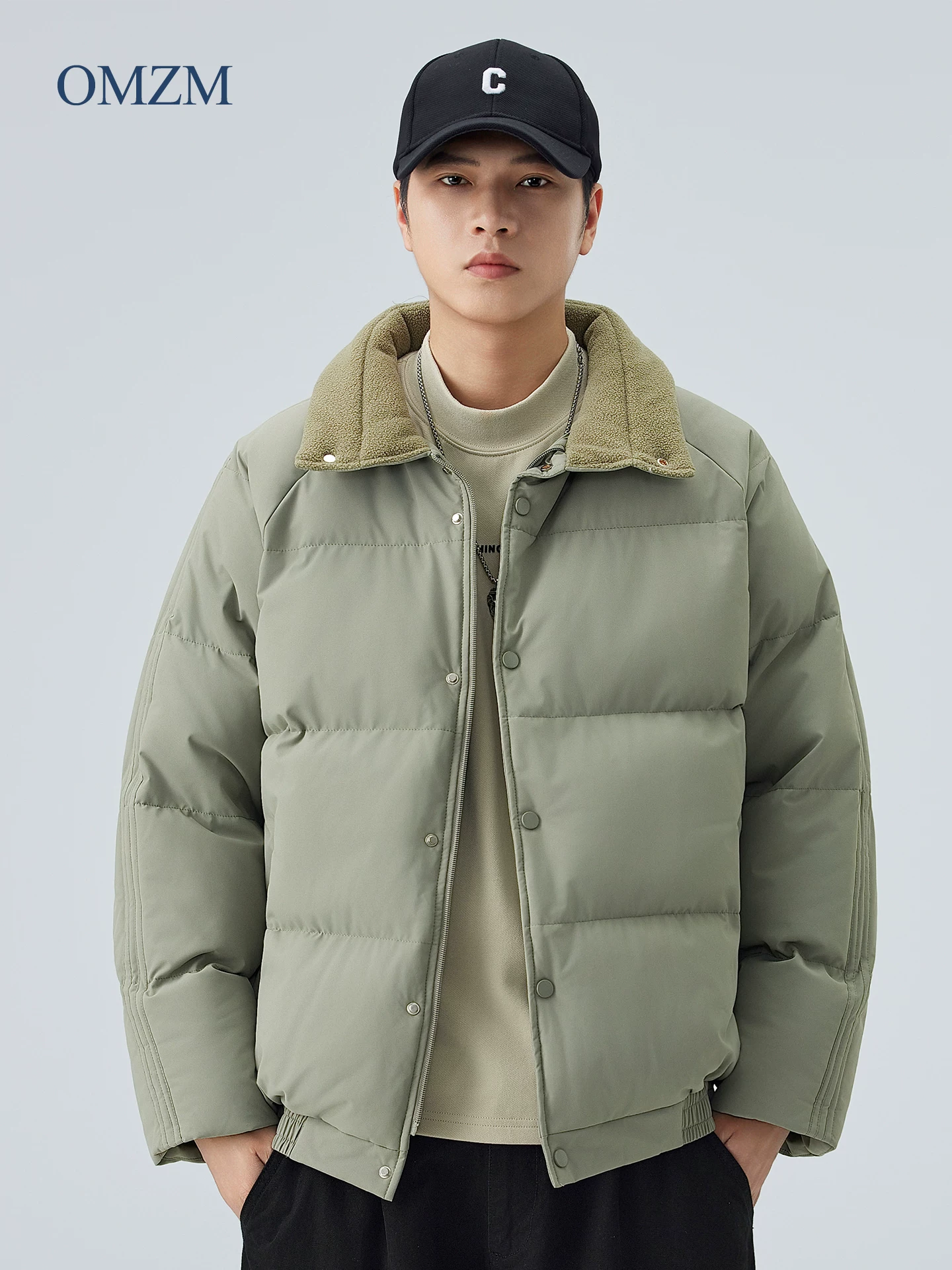 Áo khoác cotton cổ đứng OMZM dành cho nam, áo khoác cotton dày dặn lót lông cừu mùa đông, dáng rộng cho thanh thiếu niên, áo khoác phao công sở dành cho cặp đôi.