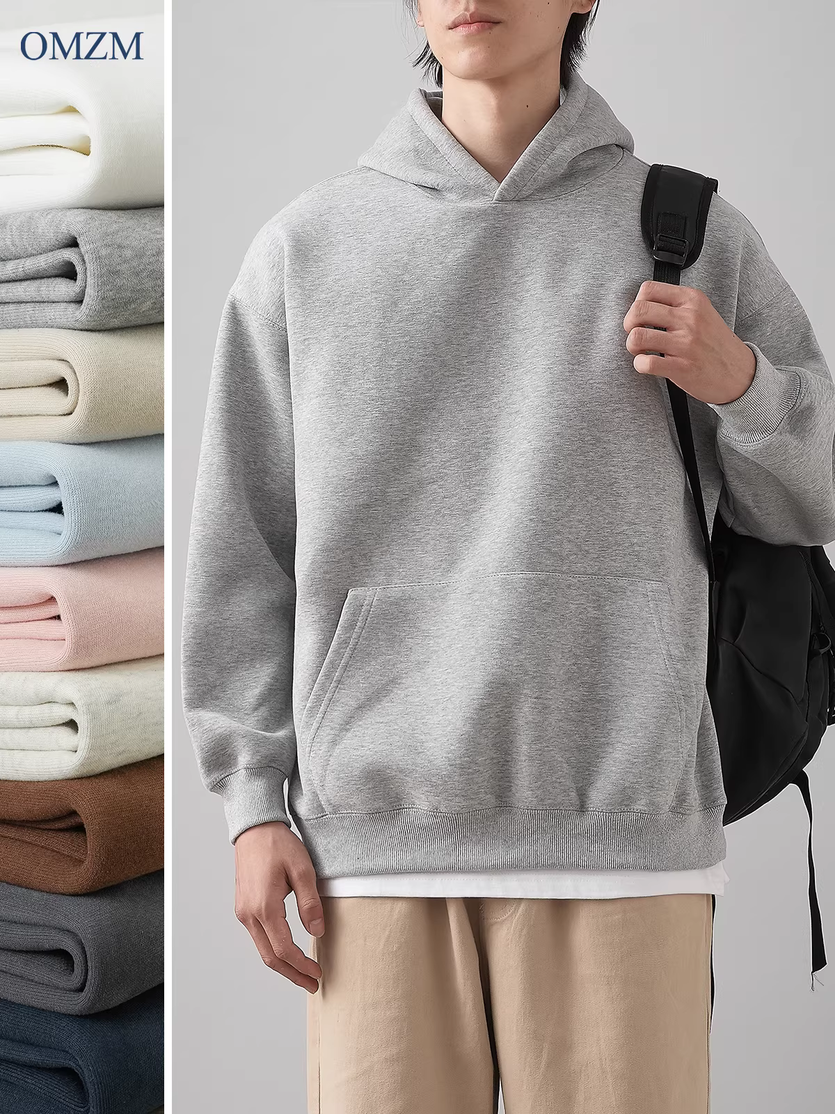 Áo nỉ có mũ trùm đầu hạng nặng 460G phong cách Mỹ của OMZM dành cho nam giới, áo chui đầu dáng rộng mùa thu, áo khoác dài tay màu trơn dành cho cặp đôi đường phố cao cấp