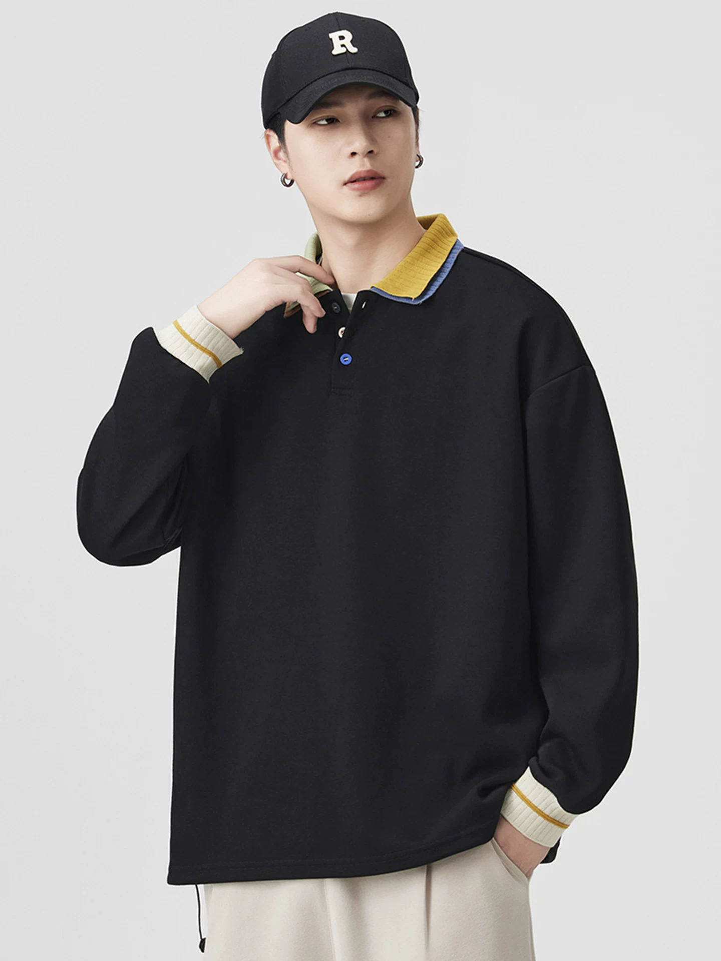 Áo nỉ cổ POLO hai lớp hạng nặng OMZM dành cho nam, phong cách đường phố cao cấp của Mỹ mùa thu, áo sơ mi dài tay có cổ phối màu