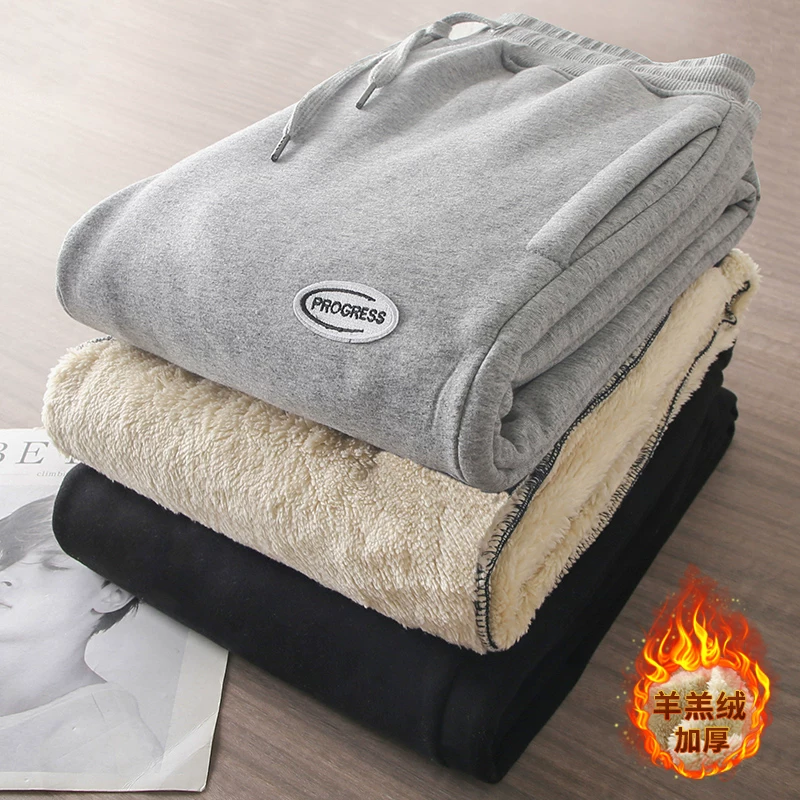 Quần jogger nam chất liệu giả lông cừu dày dặn kiểu Mỹ, 400G, lót lông cừu giữ ấm mùa đông, quần thể thao ống côn ấm áp, phong cách thường ngày