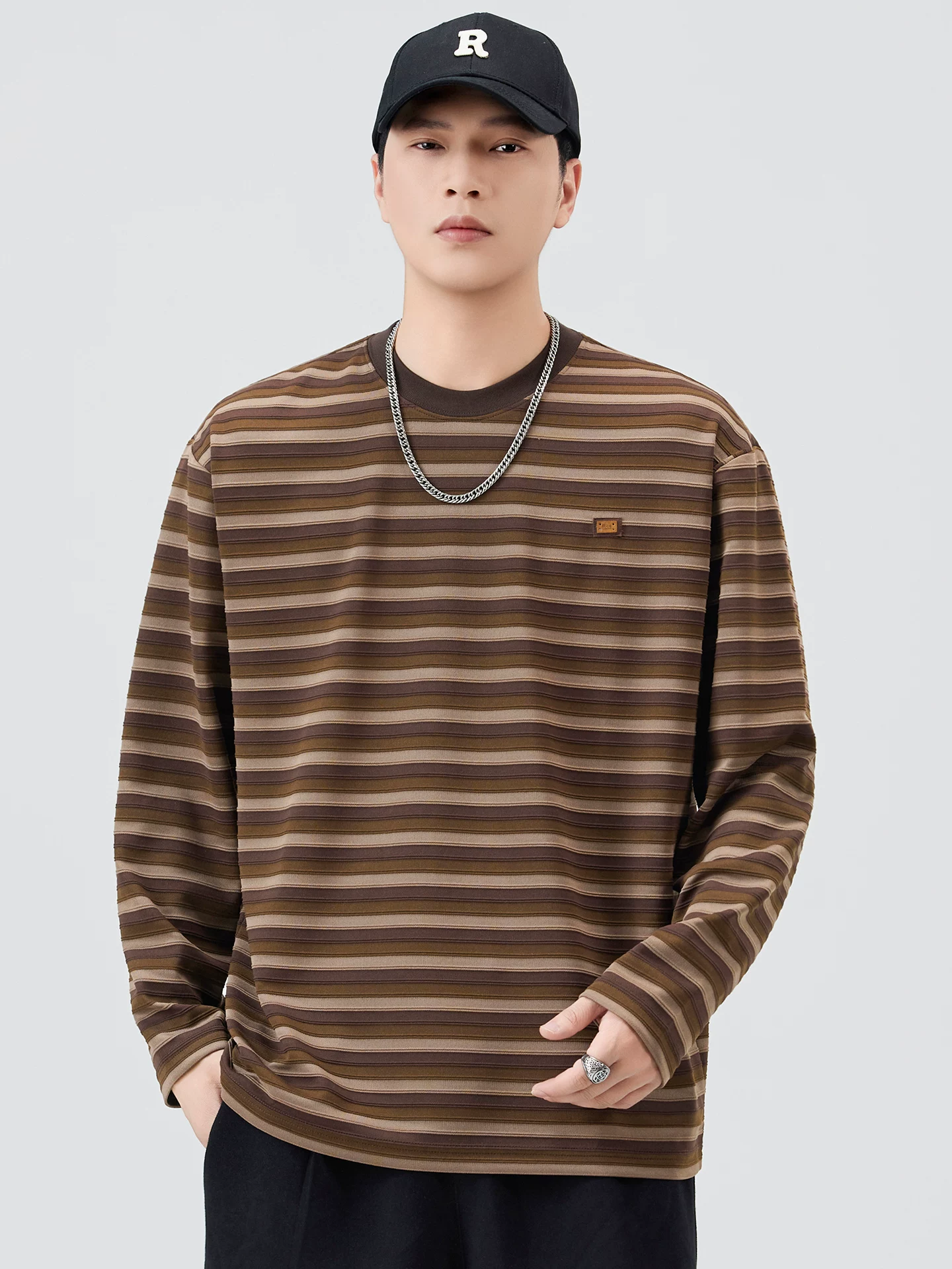 OMZM Áo sơ mi nam dài tay sọc đen trắng phong cách Mỹ mùa thu Nhật Bản cổ điển chắp vá áo sơ mi thủy thủ dáng rộng cổ tròn áo sơ mi cơ bản