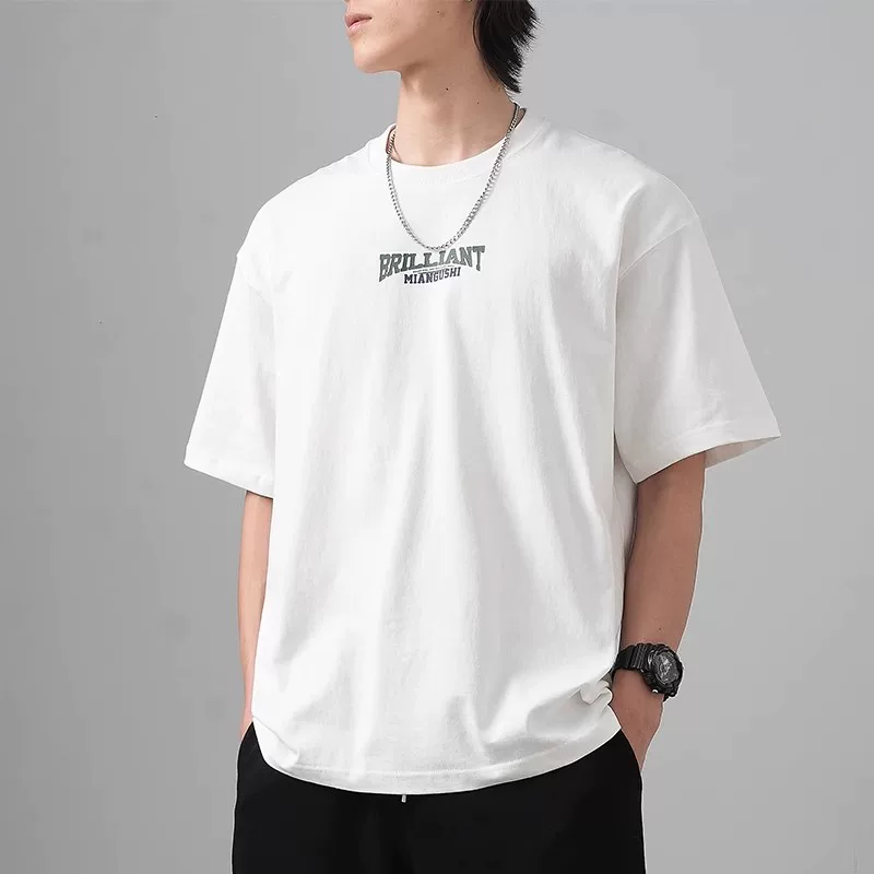 Áo thun cotton nguyên chất hạng nặng 400g dành cho nam, tay ngắn, dáng rộng mùa hè, phong cách đường phố Mỹ, in hình xe địa hình, cổ tròn, tay lửng.