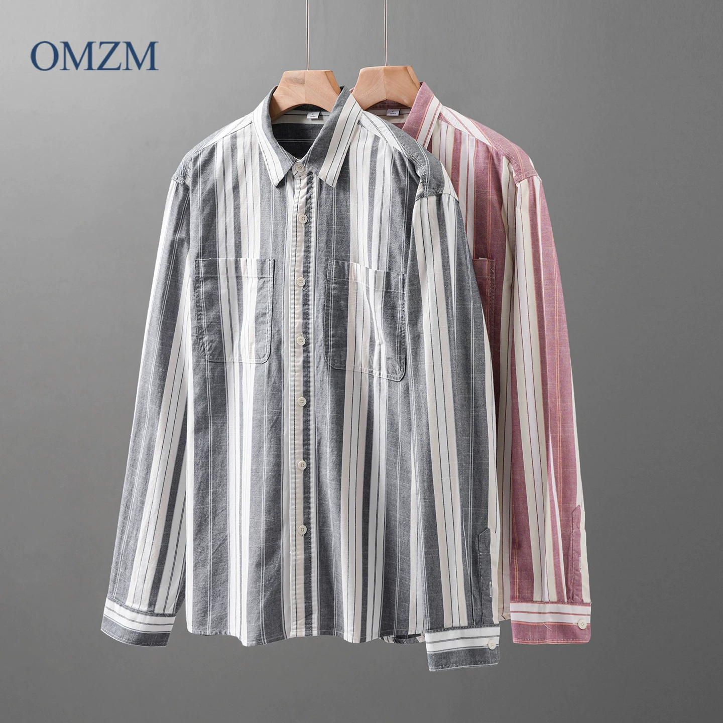Áo sơ mi sọc kiểu Mỹ OMZM dành cho nam, mùa thu đông, phong cách tiền cổ, áo sơ mi dài tay dáng rộng cổ điển, áo khoác sơ mi cao cấp.