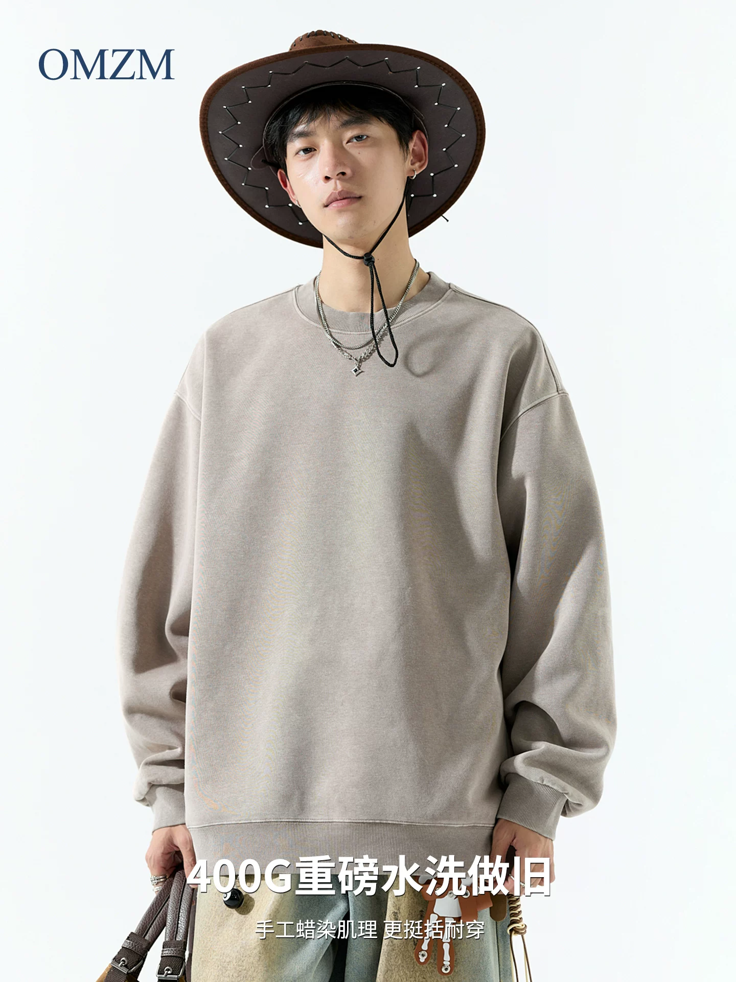 Áo nỉ nặng bền OMZM400G dành cho nam, áo thun cổ tròn phong cách retro Mỹ mùa thu, áo khoác rộng không mũ