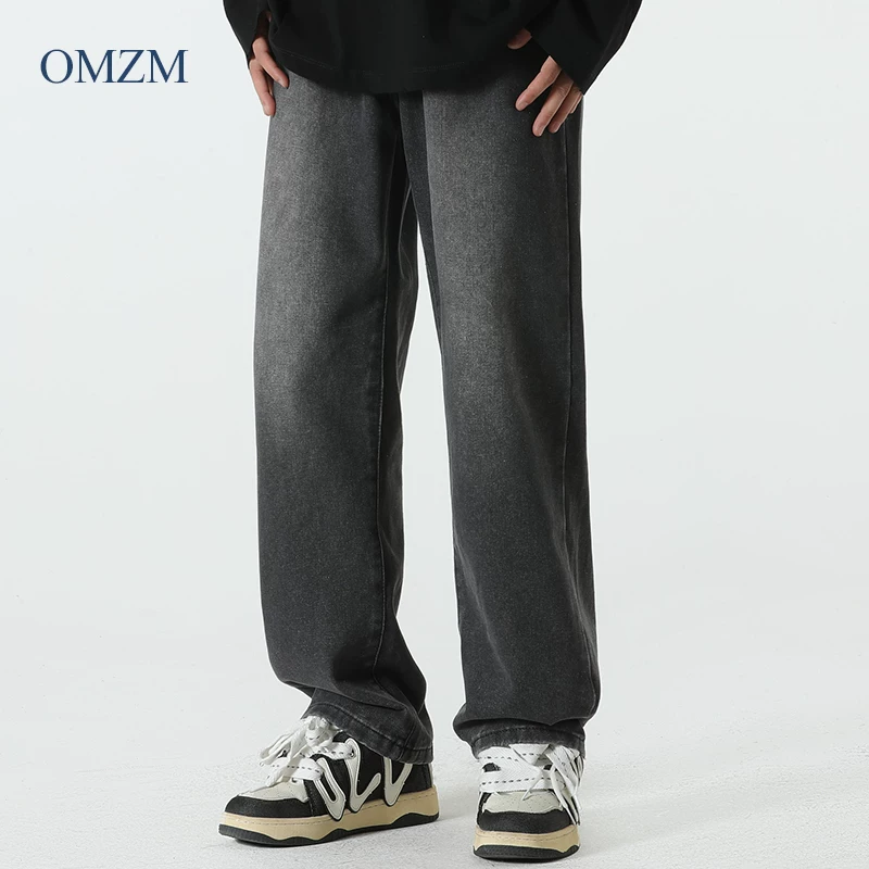 Quần jean lót lông cừu hạng nặng OMZM dành cho nam, quần ống thẳng dày dặn ấm áp mùa thu đông, quần dài dáng rộng phong cách cổ điển.