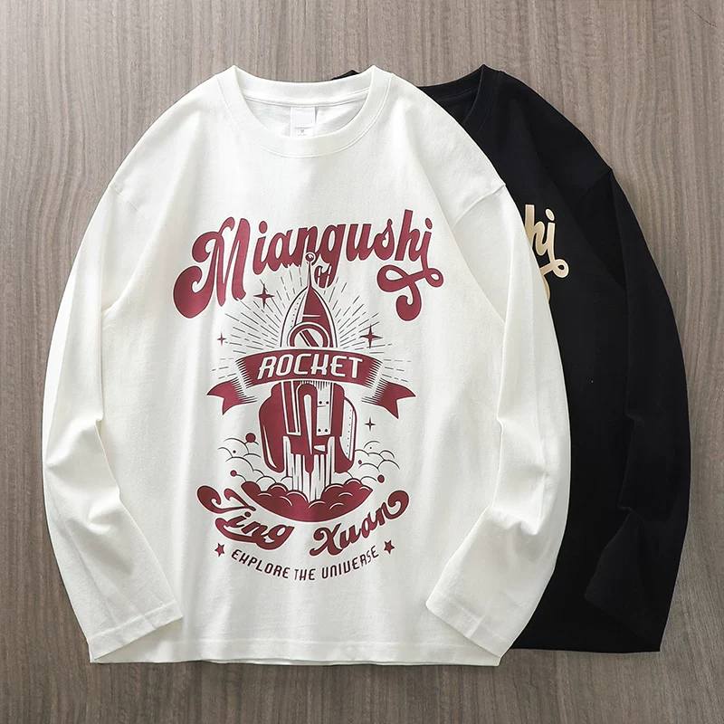OMZM áo thun in hình tên lửa nguyên bản 320G nặng tay dài tay áo thun nam mùa xuân thu cổ tròn áo thun cotton dáng rộng áo sơ mi đáy rộng