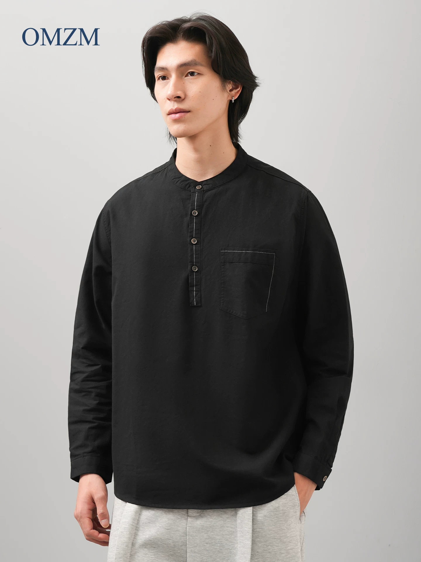 Áo sơ mi dài tay cổ đứng bằng cotton nguyên chất hạng nặng OMZM dành cho nam, áo sơ mi màu trơn phong cách Trung Quốc mới mùa thu đông, áo khoác thường ngày cao cấp
