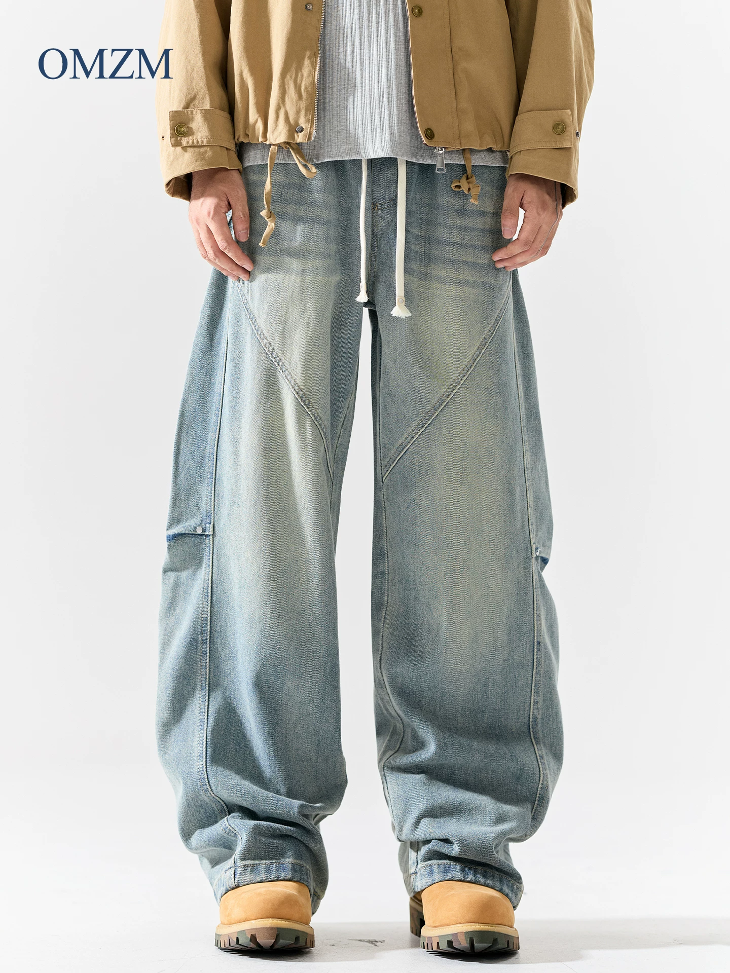 Quần jean nặng bền kiểu OMZM dành cho nam, quần công nhân vintage phong cách Mỹ mùa thu, quần dài dáng rộng phối vải, kiểu dáng lửng