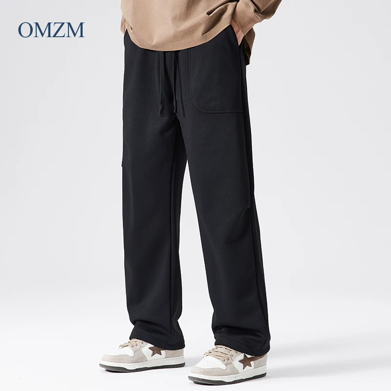 Quần thể thao lót lông cừu hạng nặng OMZM400G dành cho nam, quần thể thao thông thường dày dặn ấm áp mùa thu đông, quần ống đứng kiểu dáng đường phố cao cấp