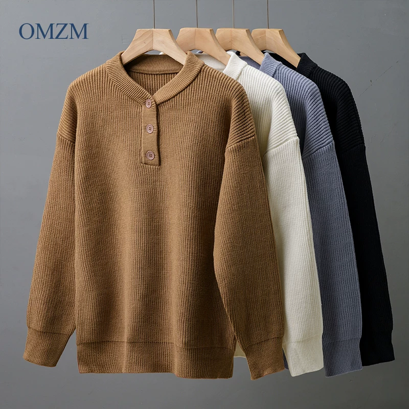 Áo len cổ trụ OMZM Henry dành cho nam, thu đông 2024, chất liệu len dệt kim ấm áp, phong cách lười biếng, màu trơn, áo len mặc trong