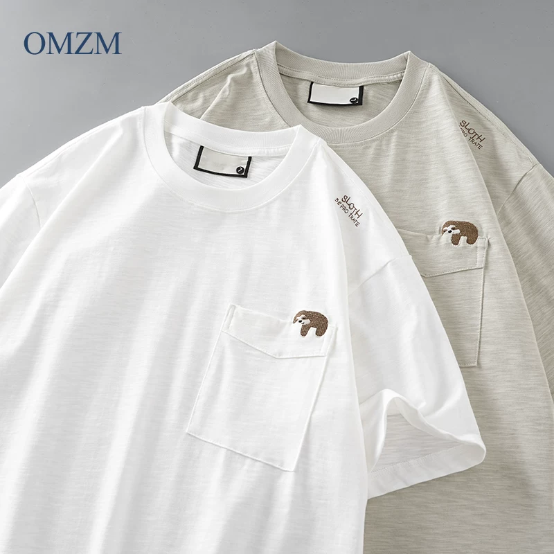 Áo thun ngắn tay bằng vải cotton tre hạng nặng OMZM250G dành cho nam, áo thun cổ tròn dáng rộng thêu nửa tay phong cách Mỹ mùa hè dành cho cặp đôi