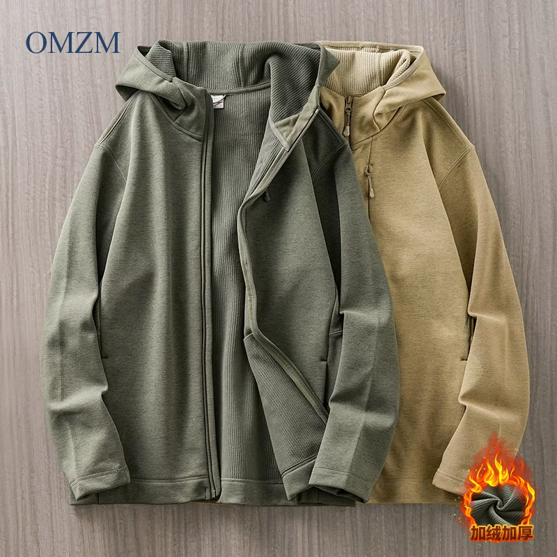 Áo khoác có mũ trùm đầu lót lông cừu OMZM dành cho nam, quần áo lông cừu dày dặn ấm áp mùa thu đông, áo khoác mềm chống gió ngoài trời.