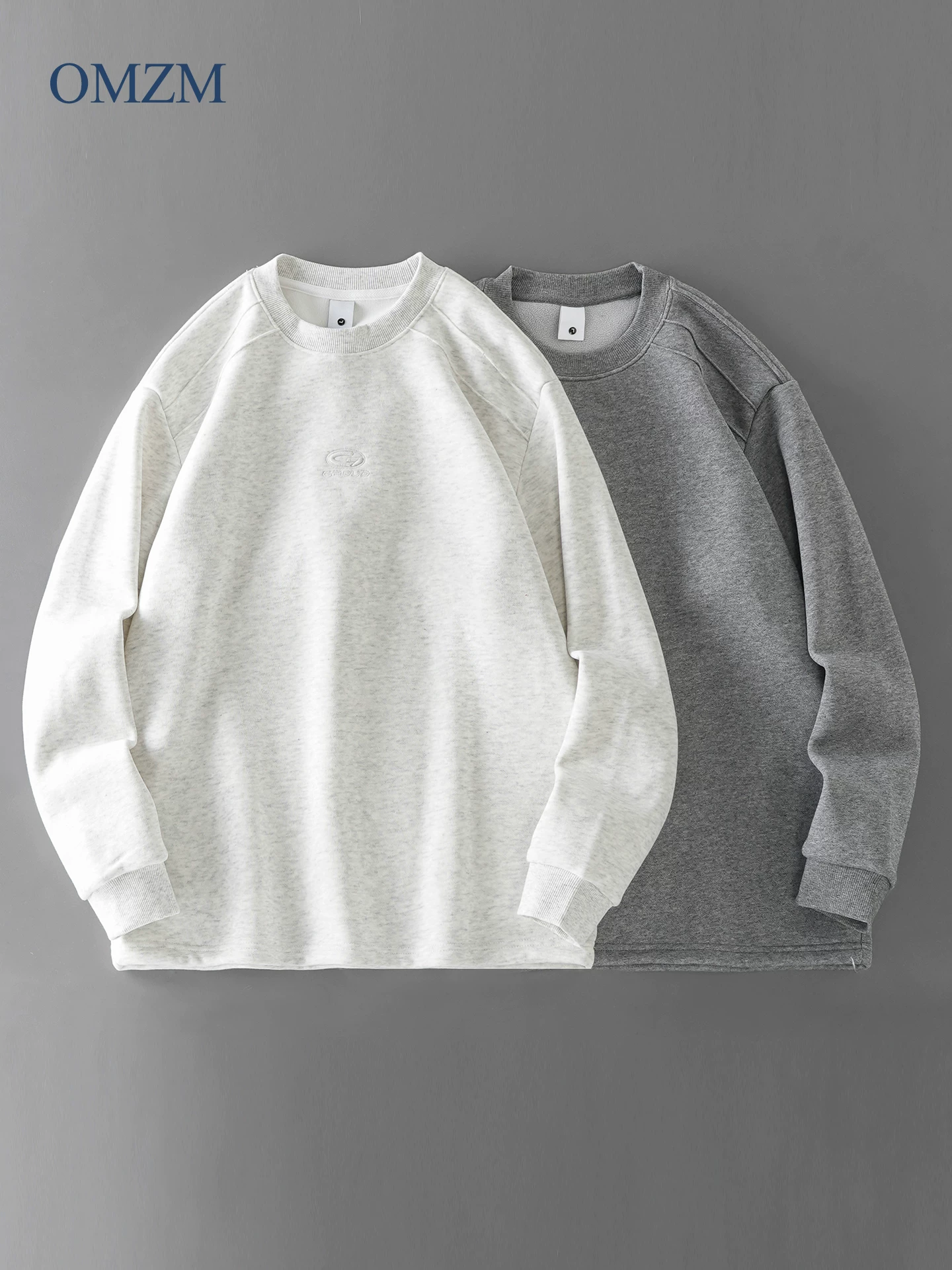 Áo nỉ lông cừu hạng nặng OMZM dành cho nam, phong cách đường phố Mỹ mùa đông, lớp lót dày và ấm áp, dáng rộng, cổ tròn, tay dài thêu.