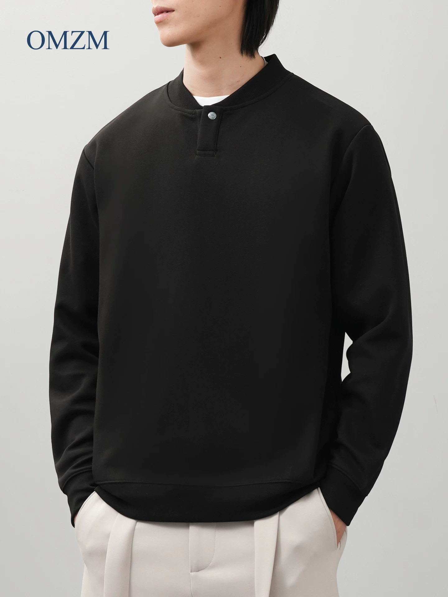 Áo len cổ lọ bóng chày hạng nặng OMZM dành cho nam, mùa thu đông kiểu Mỹ cổ điển màu trơn dài tay áo lót lỏng lẻo kiểu Henry