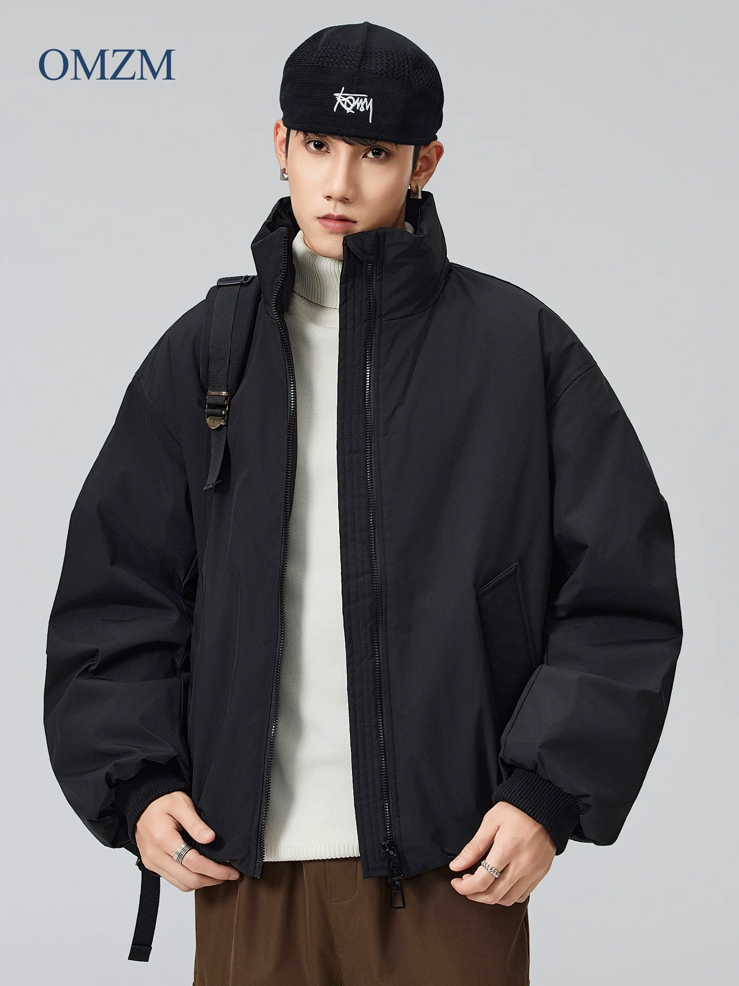 Áo khoác cotton ngắn cổ đứng OMZM dành cho nam, áo khoác phi công dày dặn mùa đông, áo khoác huấn luyện viên kiểu dáng sạch sẽ kiểu Mỹ, áo khoác cotton.