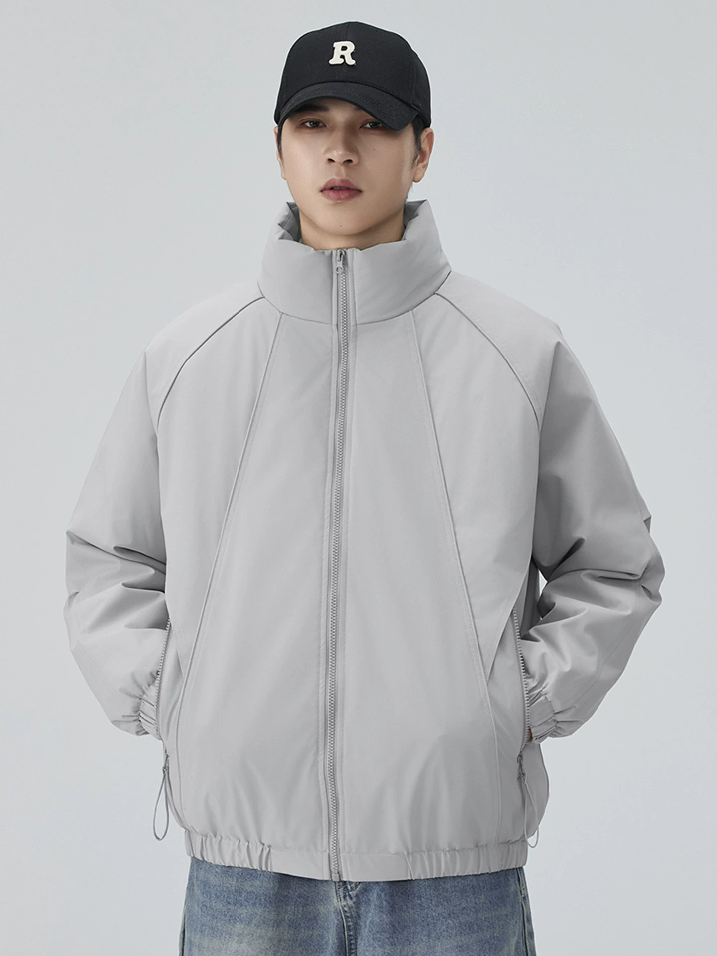 Áo khoác cotton cổ đứng kiểu Mỹ OMZM dành cho nam, áo khoác đệm ấm dáng rộng phong cách retro mùa thu đông, áo khoác bảo hộ lao động chắp vá màu trơn
