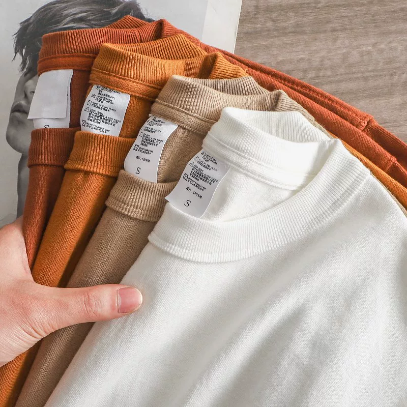 Áo thun dài tay hạng nặng ba kim 400G dành cho nam, áo sơ mi cotton nguyên chất màu trơn phong cách Mỹ mùa thu đông, áo nỉ trắng rộng rãi.