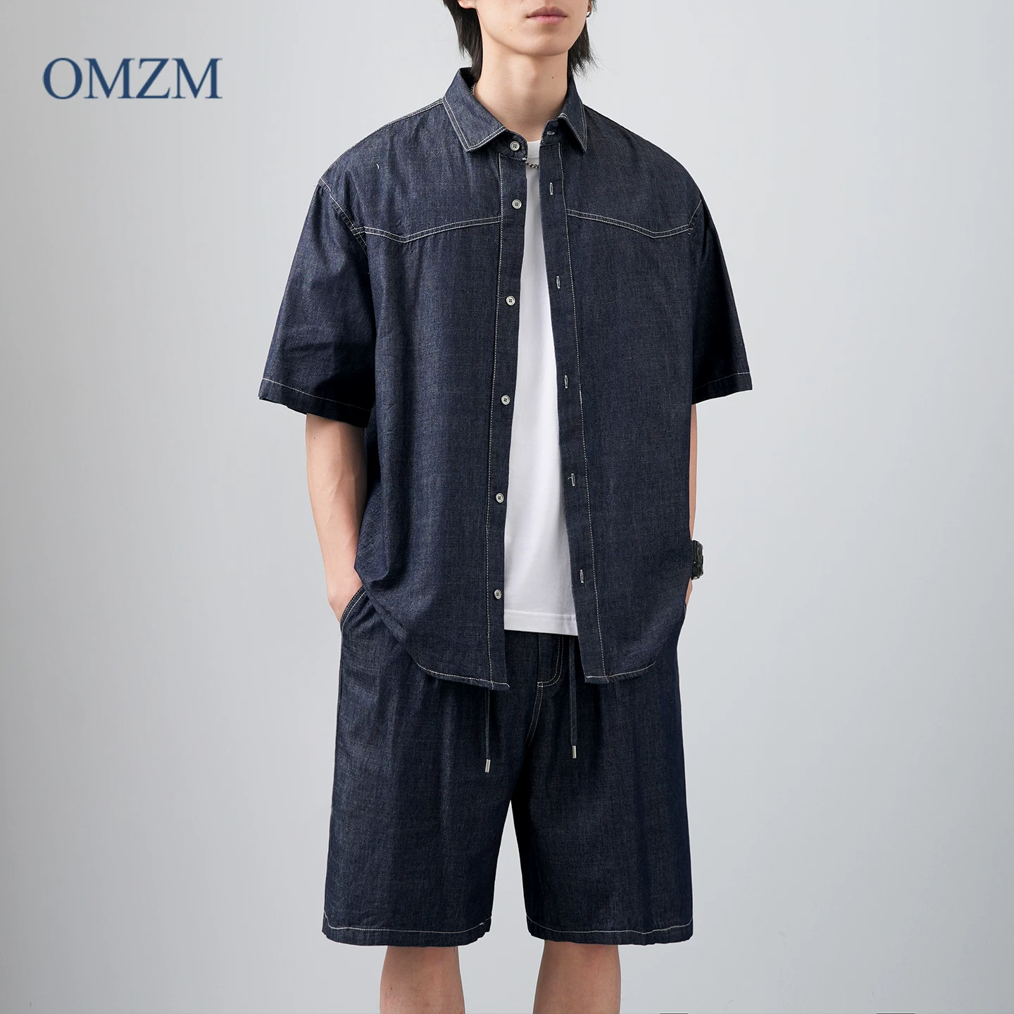 Bộ áo sơ mi và quần short denim kiểu Mỹ OMZM dành cho nam, áo sơ mi có cổ dáng rộng mùa hè, bộ hai mảnh cổ điển cao cấp