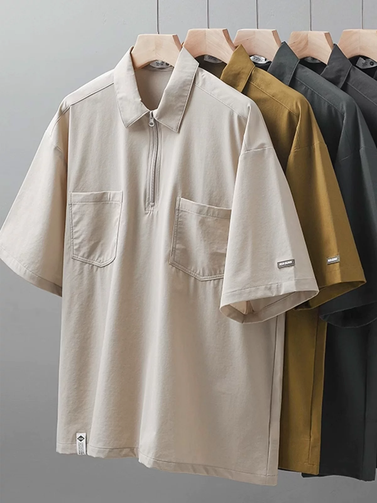 OMZM Áo thun công sở khô nhanh bằng lụa băng kiểu Mỹ Áo sơ mi POLO ngắn tay mùa hè dành cho nam mùa hè mỏng kiểu núi Áo thun nửa khóa kéo có túi