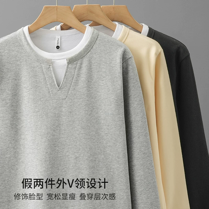 Áo thun nam tay dài giả hai lớp 320G, chất liệu dày dặn, kiểu dáng cổ V, áo lót trơn, phối màu, thích hợp mặc lớp ngoài mùa xuân thu.