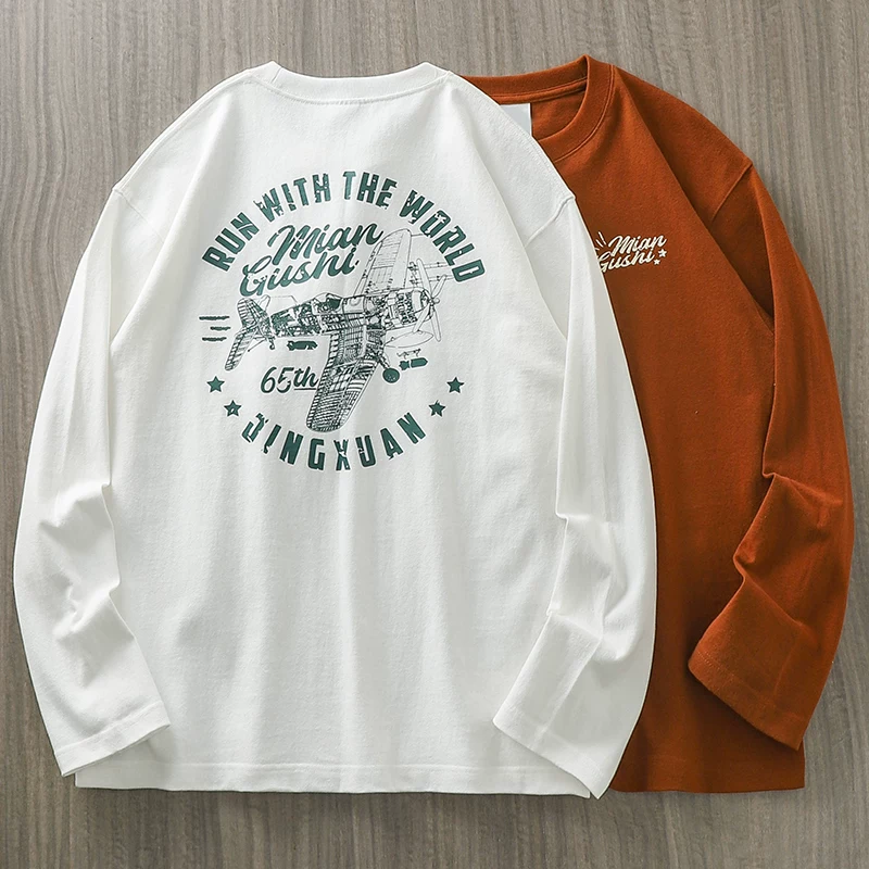 Áo thun dài tay bằng cotton nguyên chất hạng nặng 320g kiểu Mỹ dành cho nam, áo sơ mi in họa tiết đường phố cao cấp hợp thời trang mùa thu, áo len cổ tròn bằng cotton nguyên chất