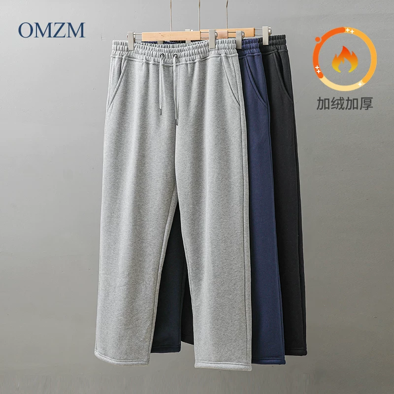 Quần thể thao lót lông cừu hạng nặng OMZM dành cho nam, quần thường ngày dày dặn ấm áp bằng lông cừu mùa đông, quần dài thể thao ống thẳng rộng rãi.
