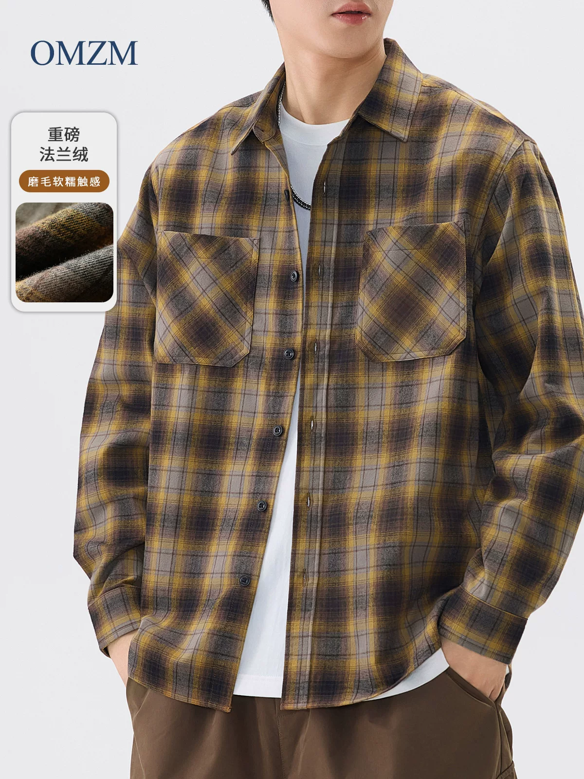Áo khoác sơ mi flannel hạng nặng OMZM dành cho nam, áo sơ mi kẻ sọc cotton nguyên chất theo phong cách cổ điển Mỹ mùa đông, áo sơ mi ấm áp chải kỹ.