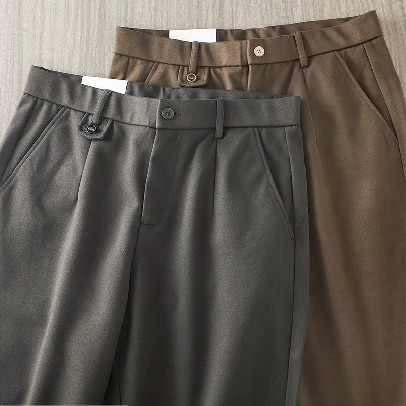 Quần âu nam chất liệu len dày kiểu Mỹ OMZM, quần ống côn dày dặn giữ ấm mùa đông, quần dài ống thẳng màu trơn cổ điển.