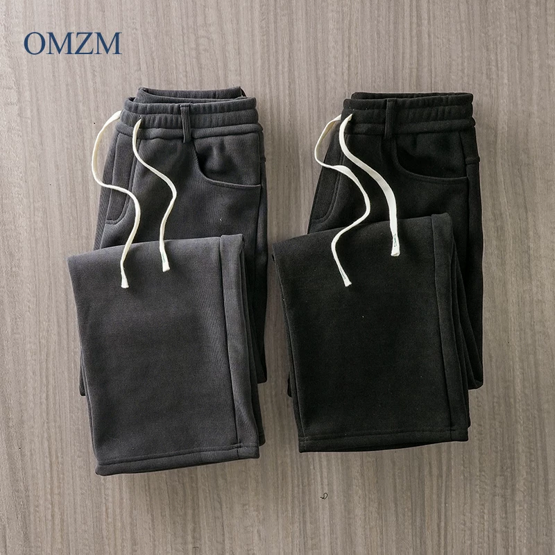 Quần chenille hạng nặng OMZM500G dành cho nam, quần thể thao lót lông cừu mùa thu đông, quần dài dáng rộng kiểu cổ điển Mỹ