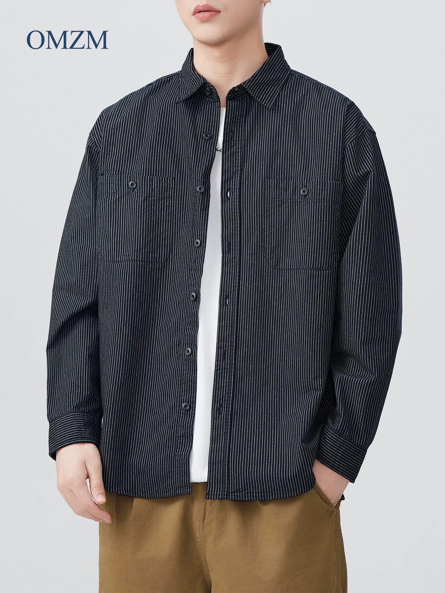 OMZM hạng nặng nguyên chất cotton Oxford áo sơ mi nam dài tay mùa thu Mỹ retro sọc áo sơ mi túi áo khoác rộng