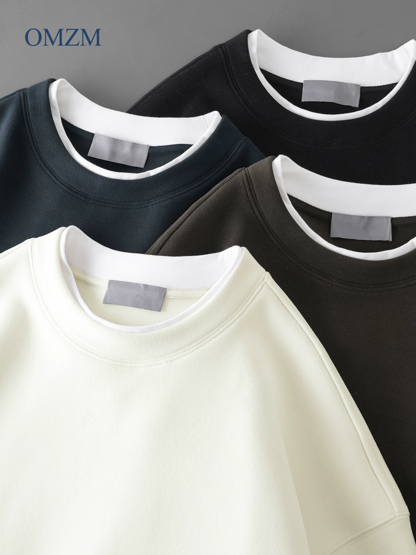 Áo len cổ tròn lót lông cừu OMZM dành cho nam, lớp bên trong dày dặn ấm áp mùa đông, áo chui đầu đơn giản giả hai mảnh.