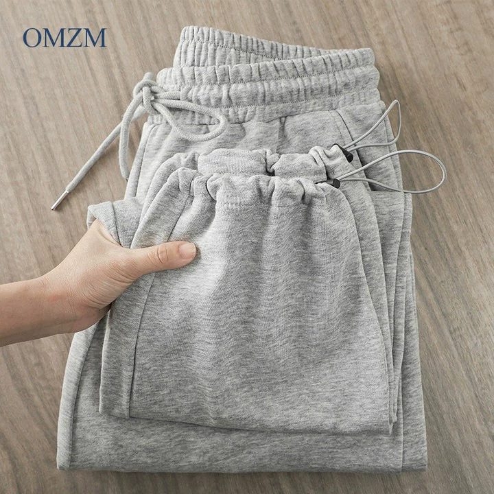 Quần thể thao chất liệu terry hạng nặng kiểu Mỹ của OMZM dành cho nam, quần jogger có dây rút mùa xuân và mùa thu, quần thể thao dáng rộng màu xám dáng thẳng