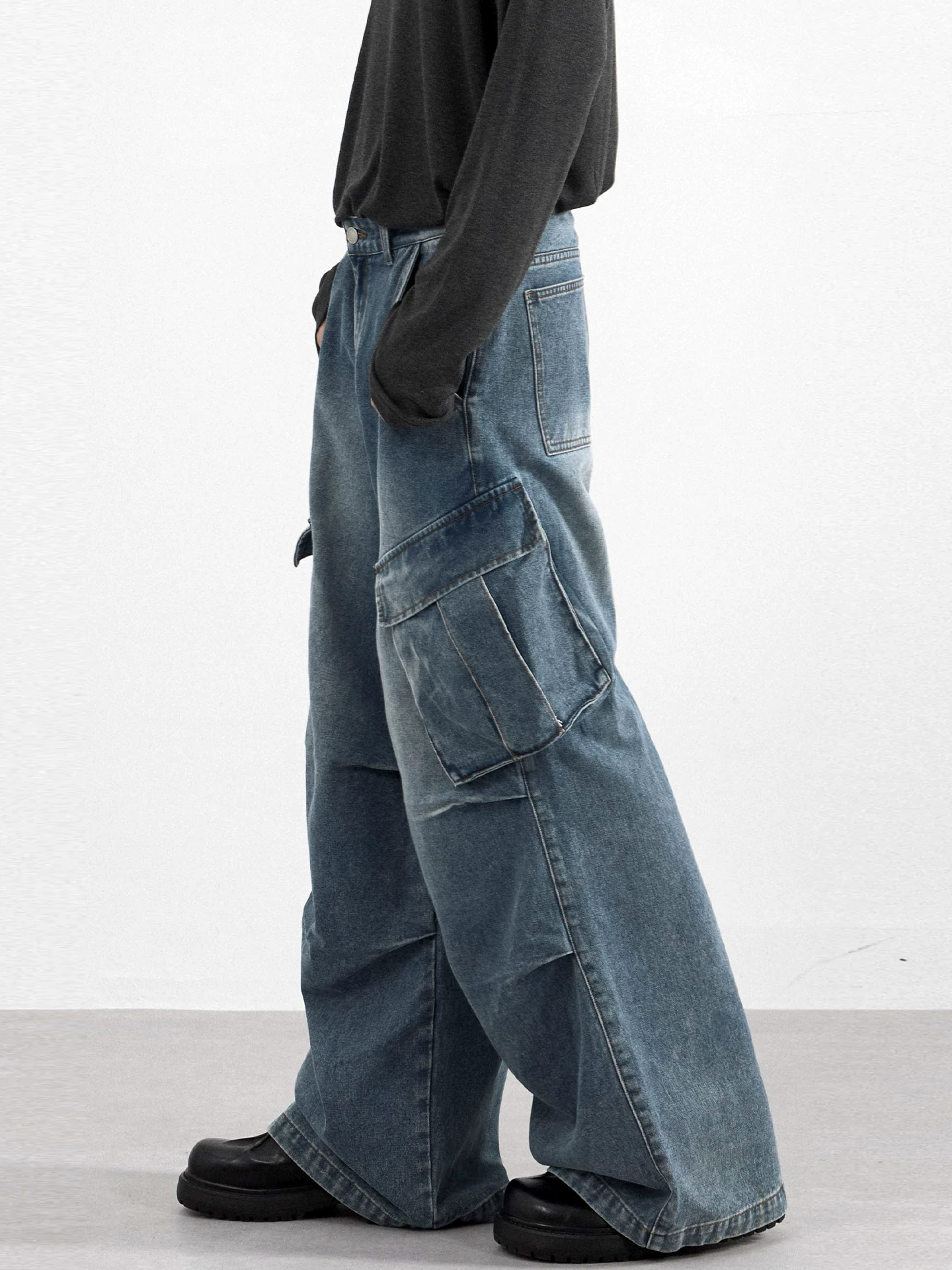 Quần jean thẳng dáng rộng OMZM dành cho nam, kiểu mới mùa đông 2025, quần công sở cao cấp cá tính, quần thường ngày kiểu vintage rách cá tính