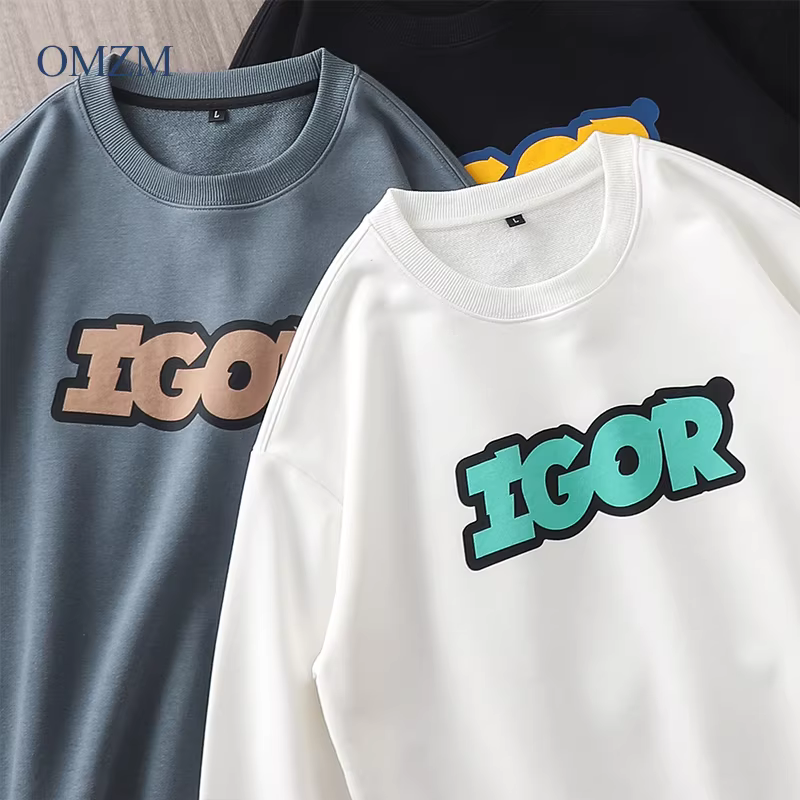 Áo thun nỉ dày dặn kiểu Mỹ 360G dành cho nam, áo thun dài tay in họa tiết mùa thu, áo khoác cặp dáng rộng cổ tròn