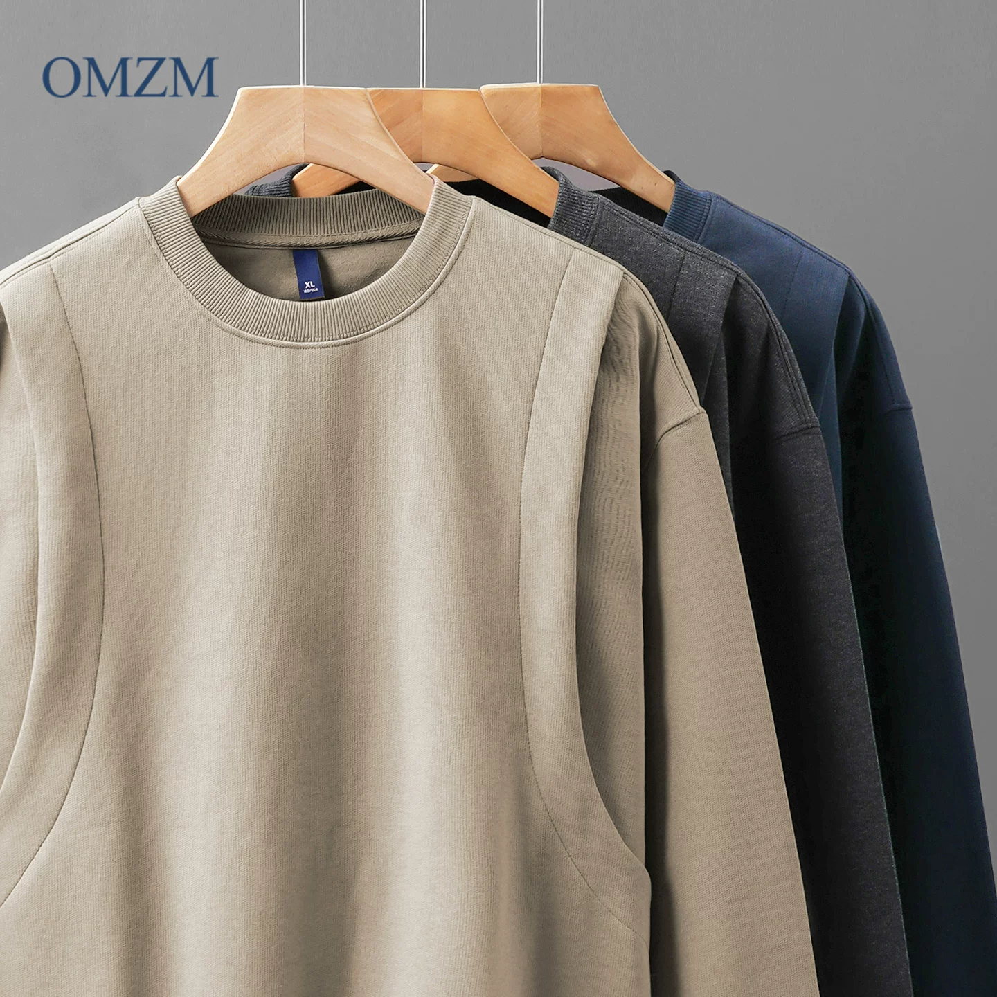 Áo nỉ chắp vá hạng nặng OMZM420G dành cho nam, áo chui đầu không mũ kiểu Mỹ cổ điển mùa thu, áo sơ mi cổ tròn dáng rộng